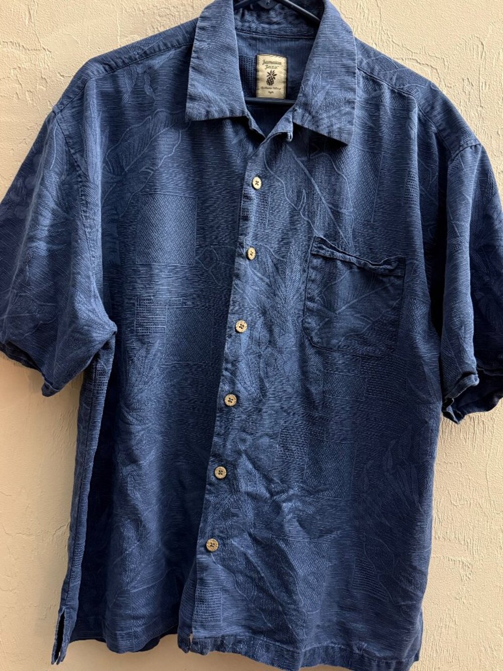 Jamaica Jaxx Men's Navy Blue Tonal Jacquard Tropical Island Camp Shirt XL